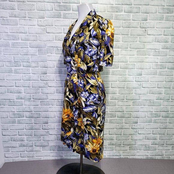 Vintage 80s 90s Cimmaron Dress M Bright Floral Wrap Shirt Dress Spring Garden - Picture 5 of 10